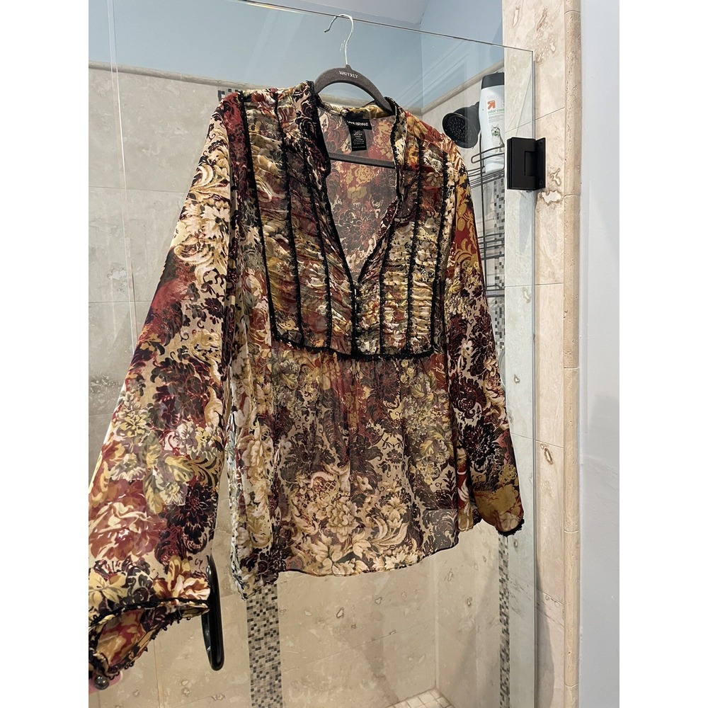 Lane Bryant Brown Paisley 18 20 Silk Semi Sheer Long Sleeve Boho Peasant Blouse